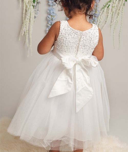 Girls Dress with Floral Bodice & Bow - PC-1025 - Ivory