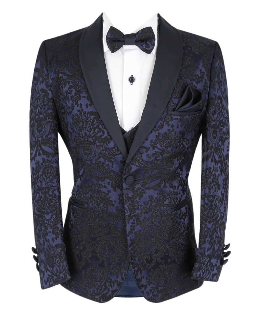 Boys Floral Embroidered Tuxedo Suit Set - Navy Blue
