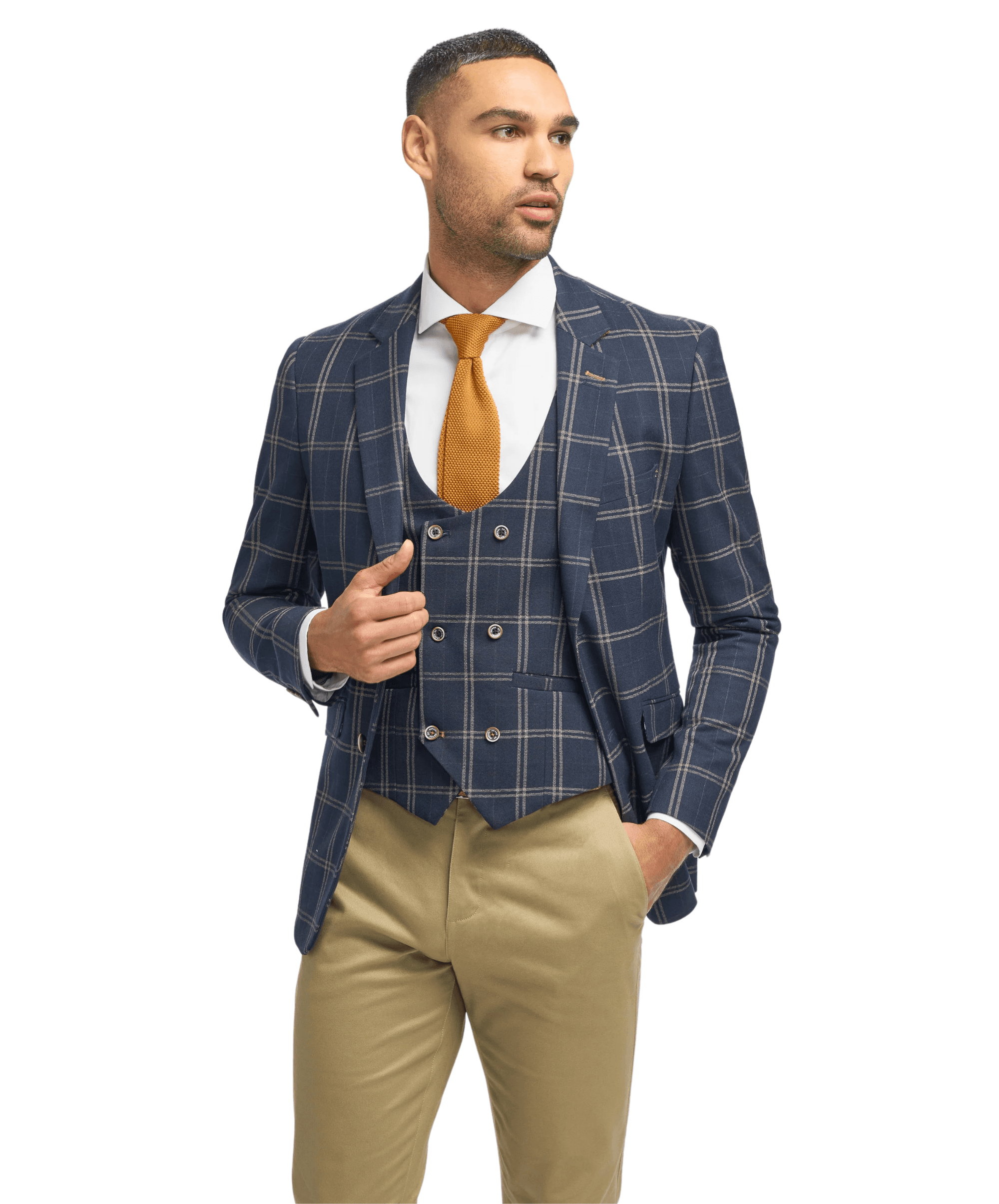 Men's Navy Blue Hardy Check Suit Jacket and Double-Breasted Waistcoat with Casual Stone Beige Cotton Chino Trousers