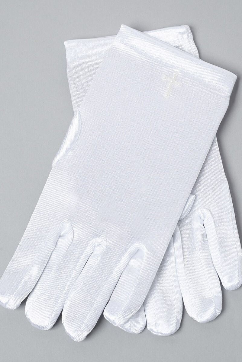 Girls' White Satin Gloves with Pearl Cross - GABY