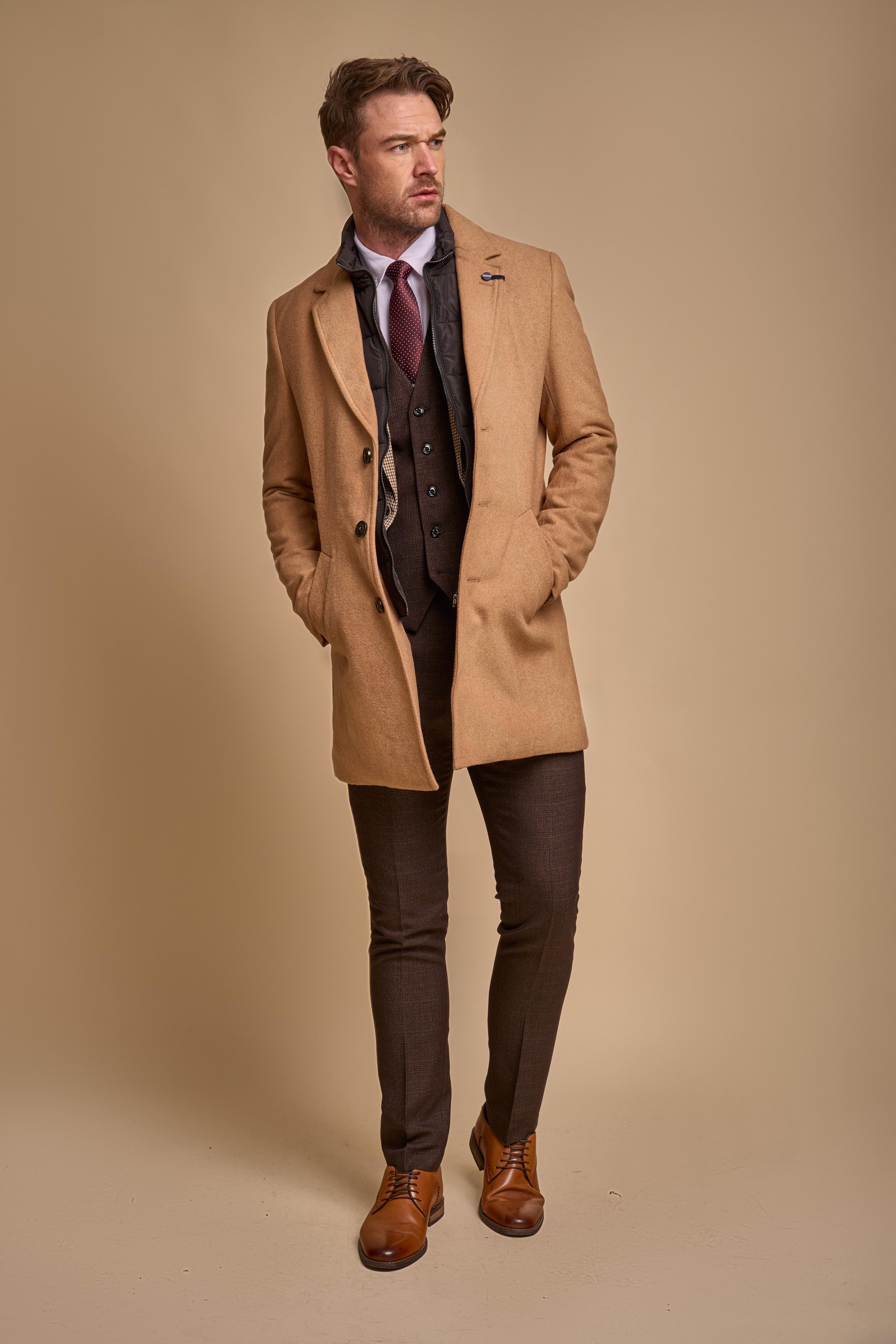 Men's Slim Fit Wool Blend Coat - SANFORD - Brown Camel