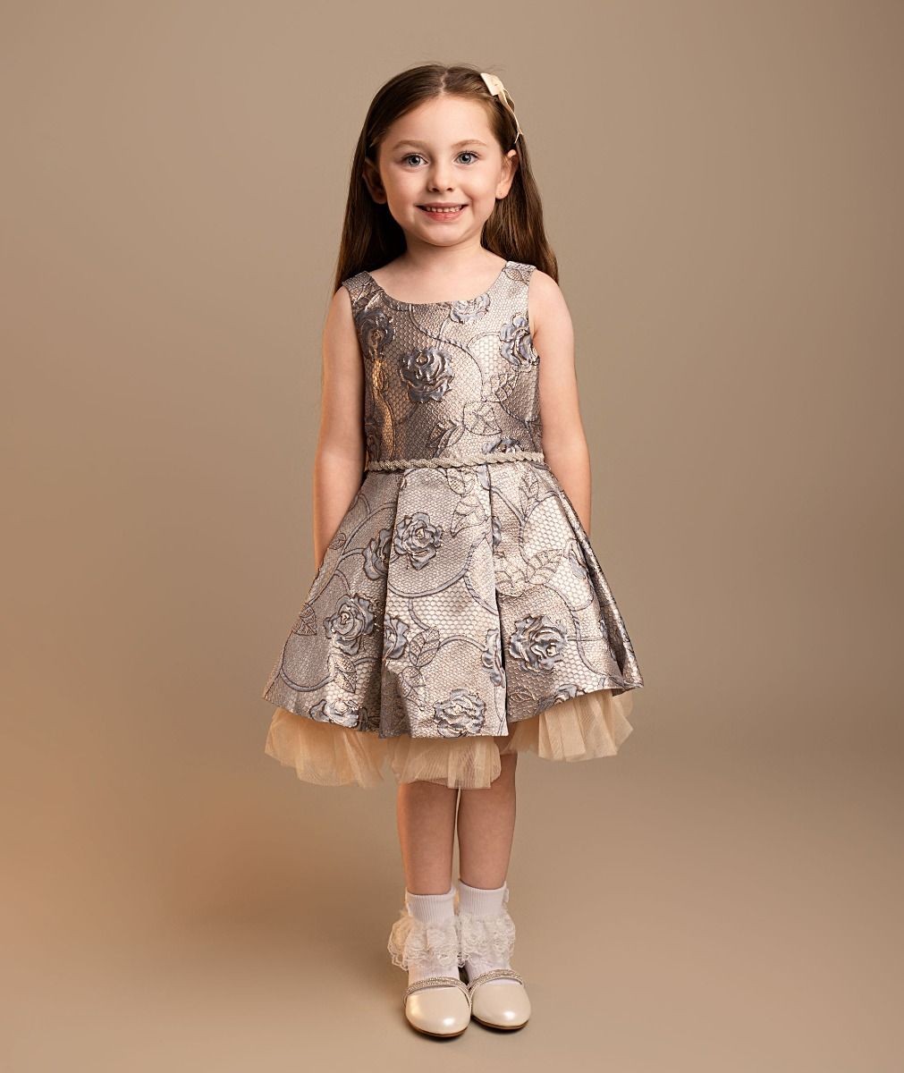 Girls' Blue Jacquard Pleated Dress with Bow Set - Sana