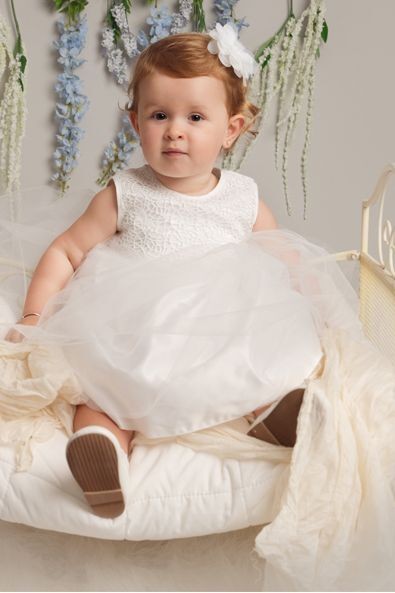 Baby Girls Christening Dress with Lace & Bow - ROSE - Ivory