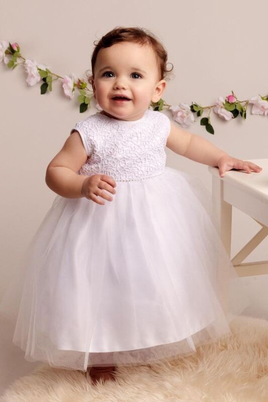 Baby Girls Christening Dress with Lace & Bow - ROSE