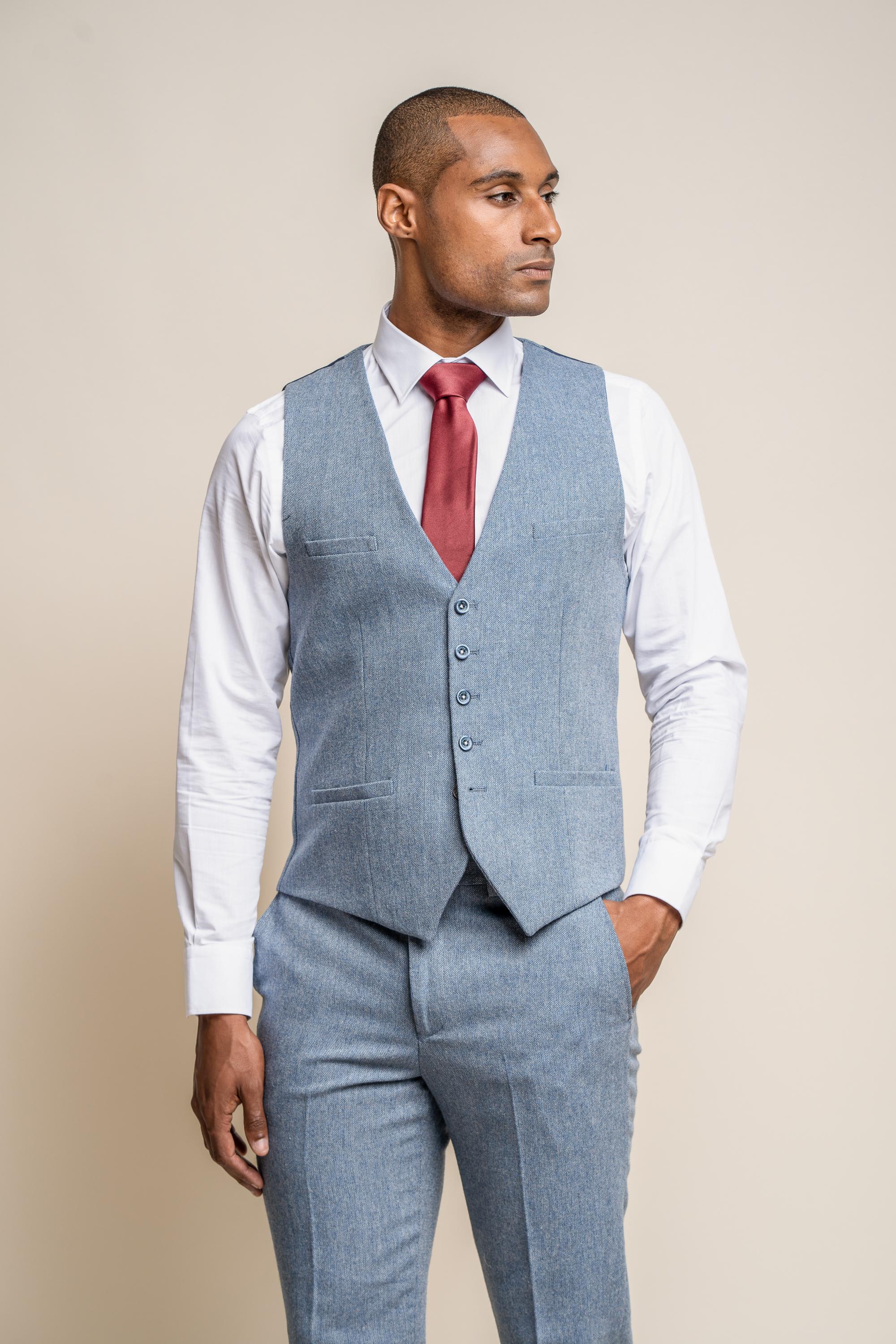Men's Tweed Slim Fit Waistcoat - WELLS Blue