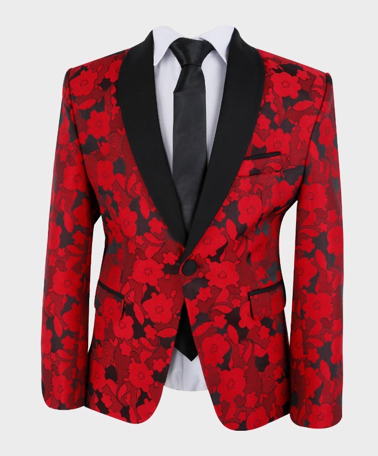 Boys Tailored Fit Floral Patterned Tuxedo Suit - Red- Black