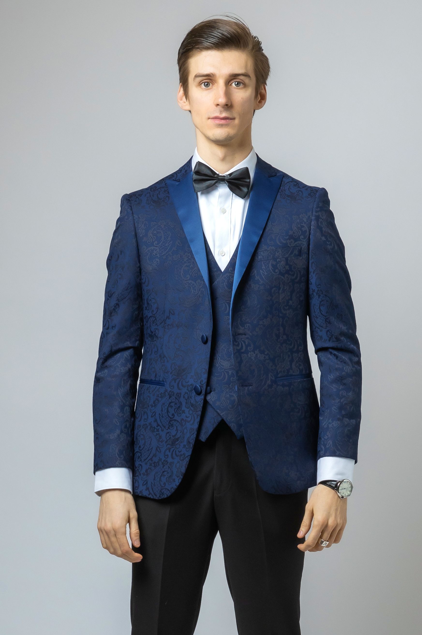 Men's Slim Fit Patterned Navy Suit - THOMAS - Navy Blue