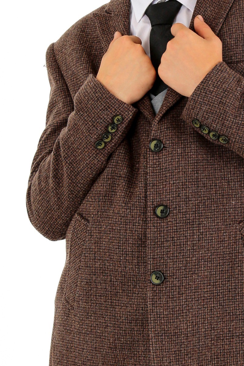 Boys Wool Tweed Patterned Midi Coat - Light Brown
