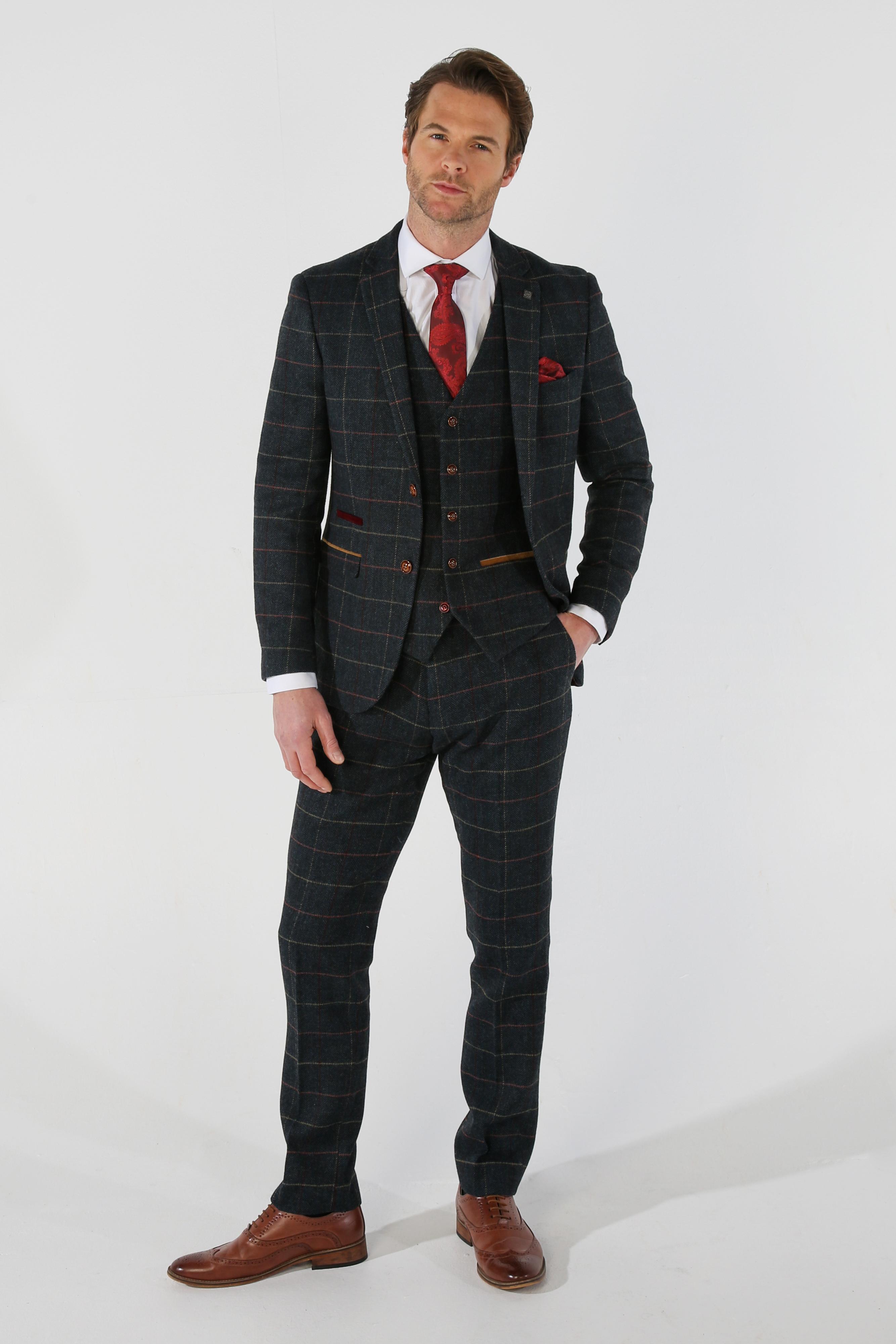 Men's Tweed Check Plaid Navy Suit - THOMAS