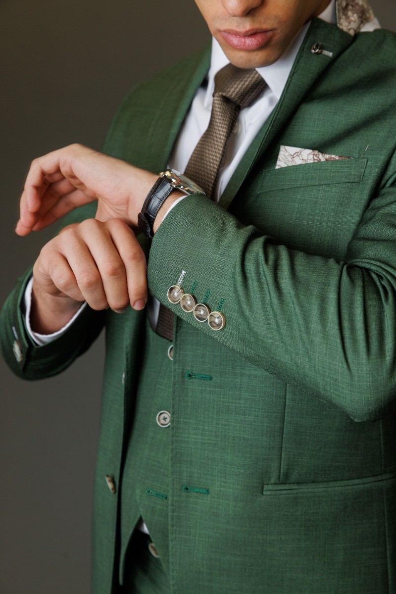 Men's Lightweight Slim Fit Self Patterned Suit - Camden Green