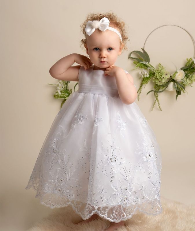 Baby Girls Sequin & lace Christening White Dress Set - 396
