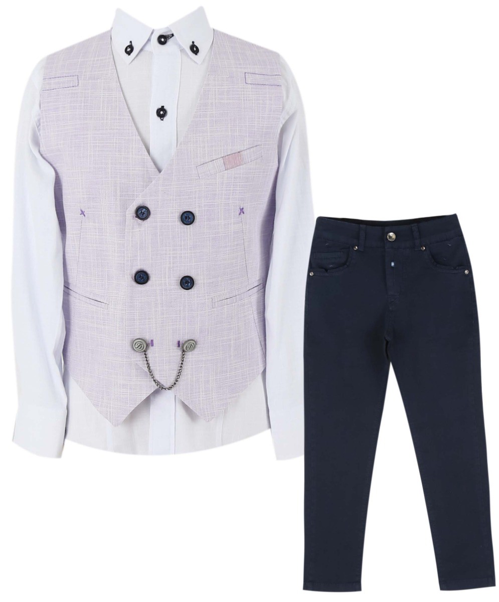 Boys Self Patterned Double-Breasted Linen Waistcoat Suit Set - Lilac