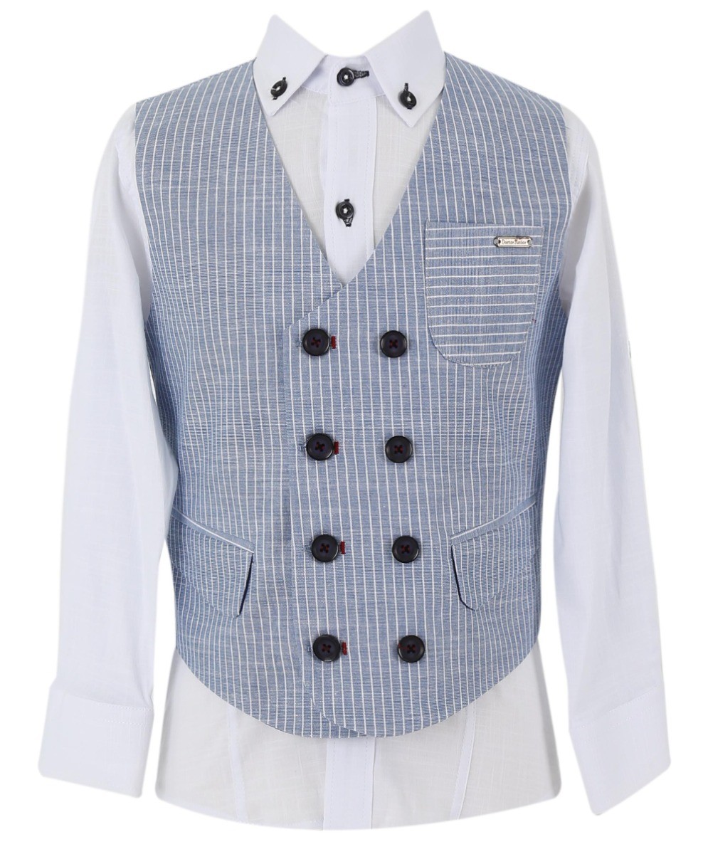 Boys Cotton Linen Pinstrip Waistcoat Suit Set - Navy Blue