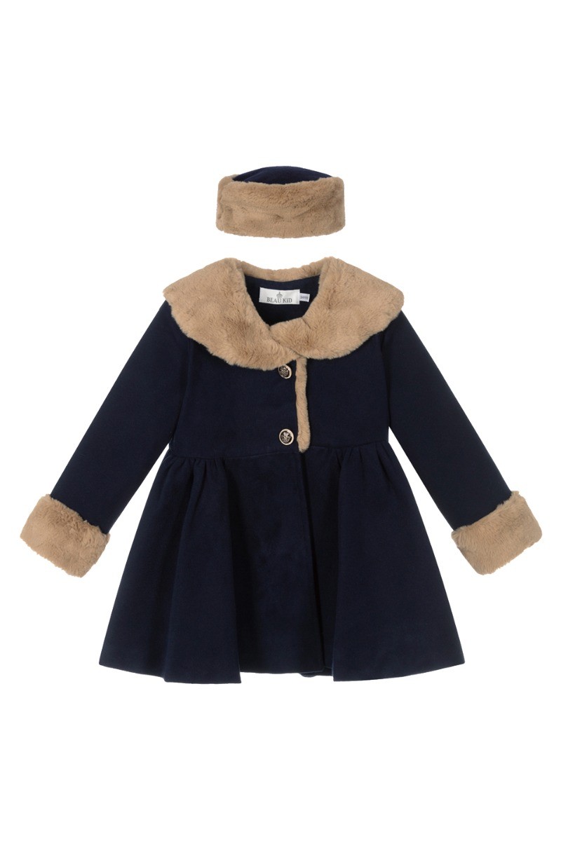 Girls Fur Midi Dress Coat 2 Piece Set - Navy Blue