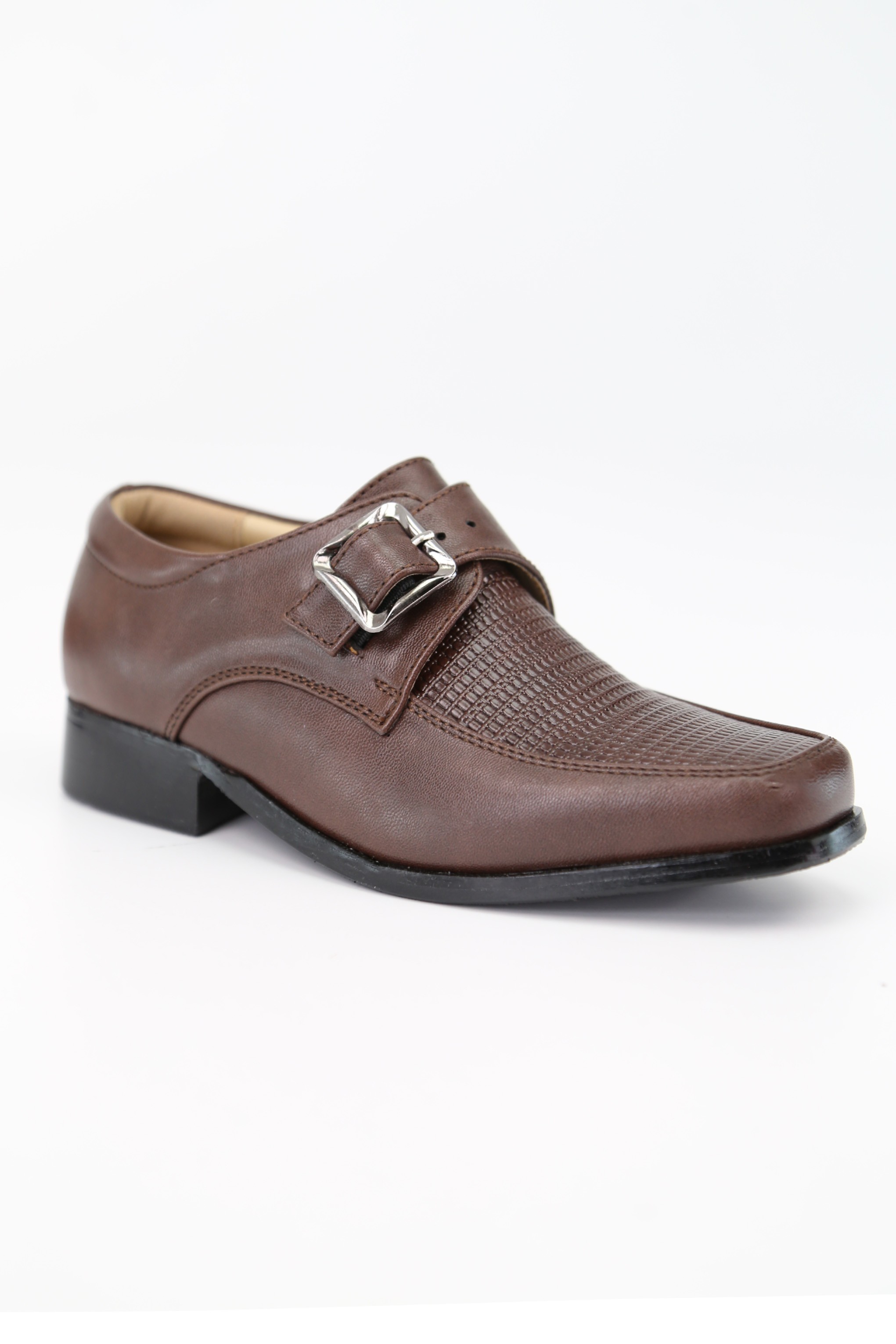 Boys Textured Leather Buckled Monk Shoes - Brown