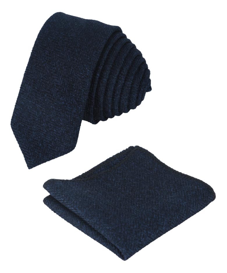 Boys & Men's Herringbone Tweed Tie & Pocket Square Set - Navy Blue