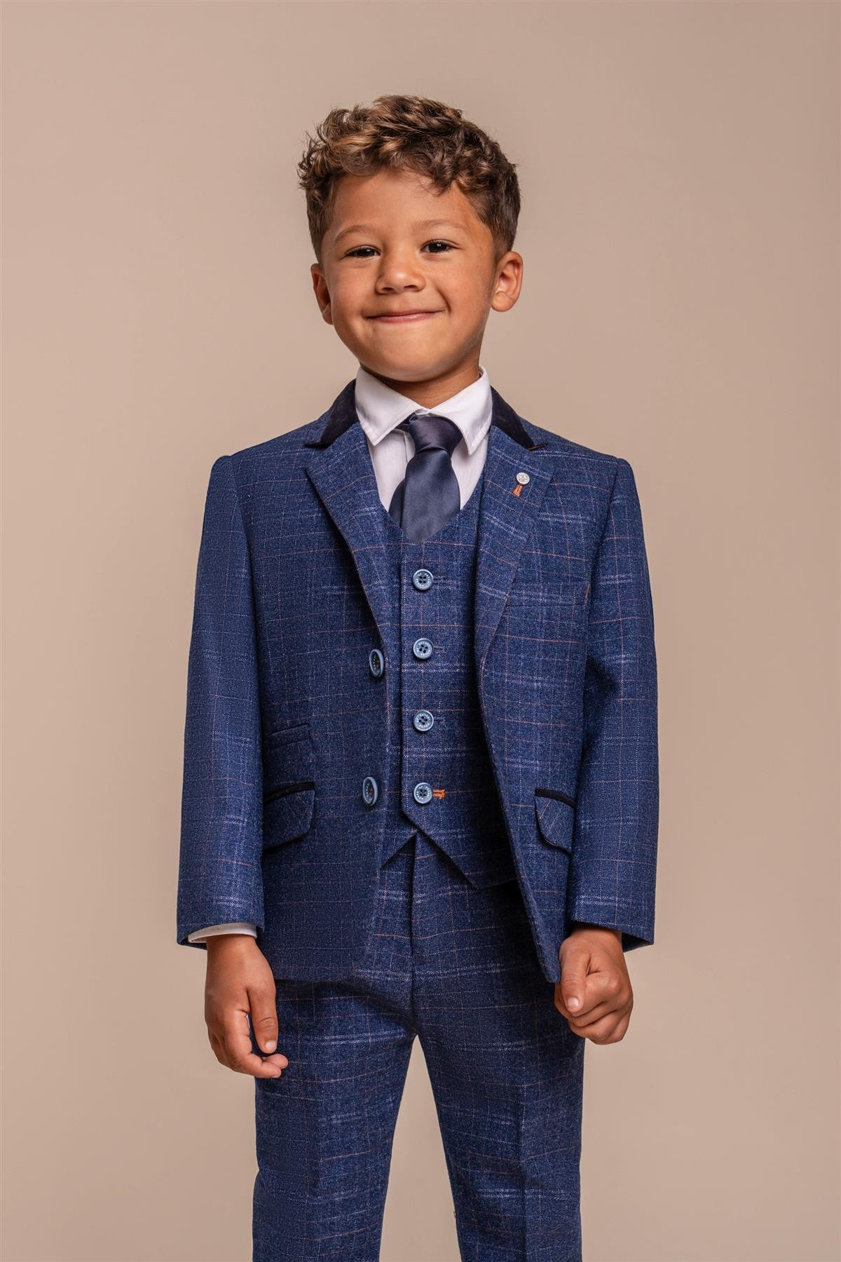 Boys Tweed Check Navy Slim Fit Suit - KAISER - Navy Blue