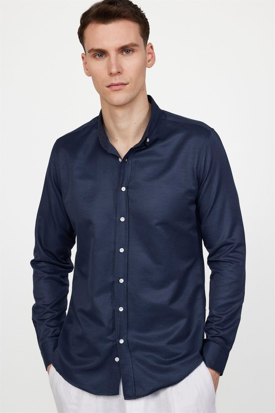 Men's Slim Fit Cotton Button-Down Oxford Shirt - GABARDIN - Navy