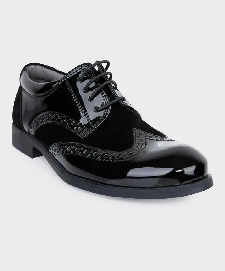 Boys Patent Leather & Suede Lace Up Brogue Derby Shoes - Black