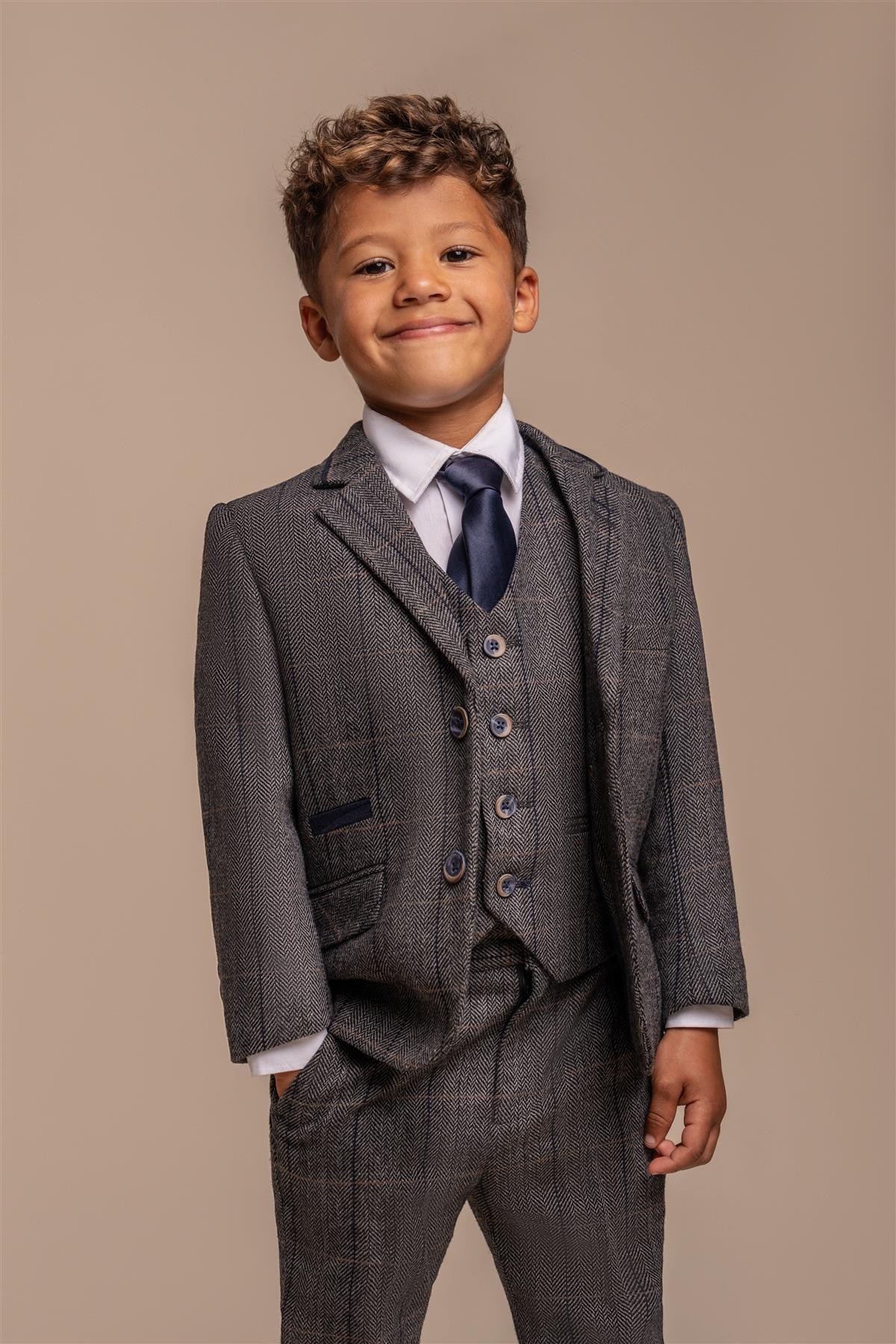 Boys Wool Blend Herringbone Check Suit - ALBERT - Grey