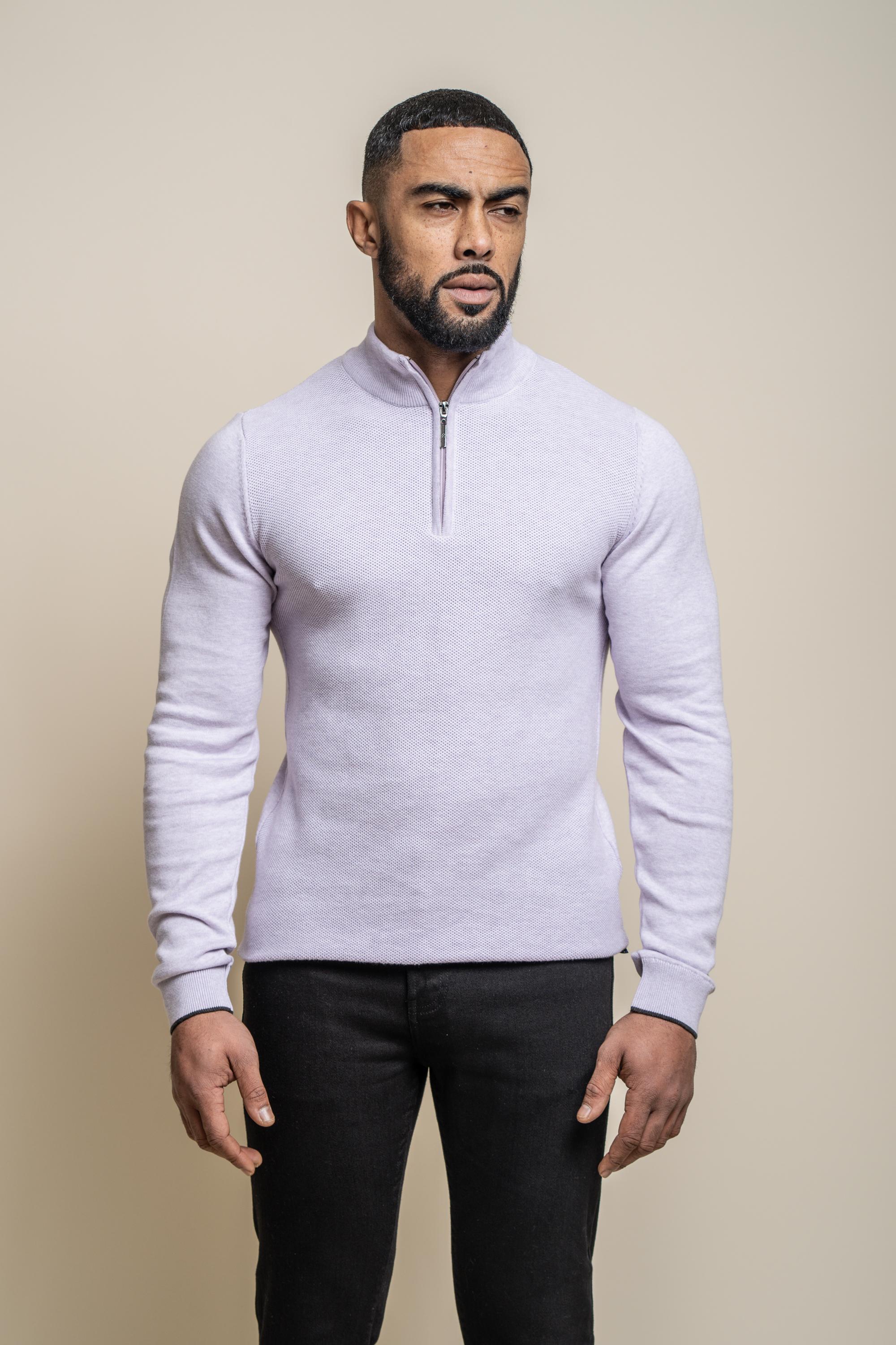 Men's Half Zip Knit Cotton Pullover - KYLE - Lavender