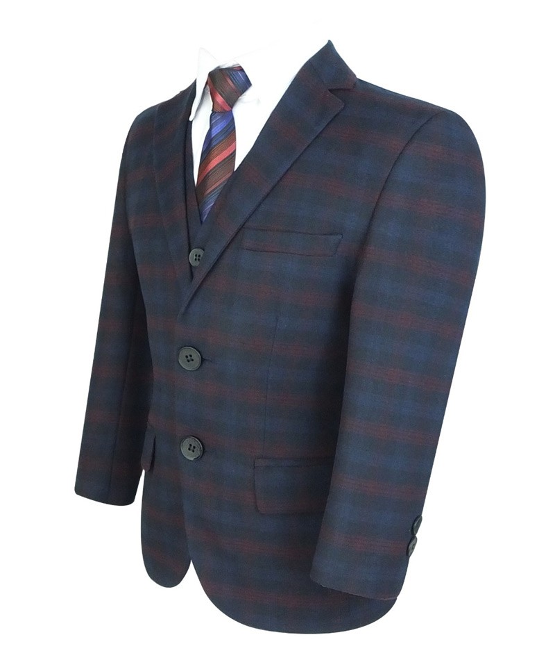 Boys Tailored Fit Retro Check Navy Suit