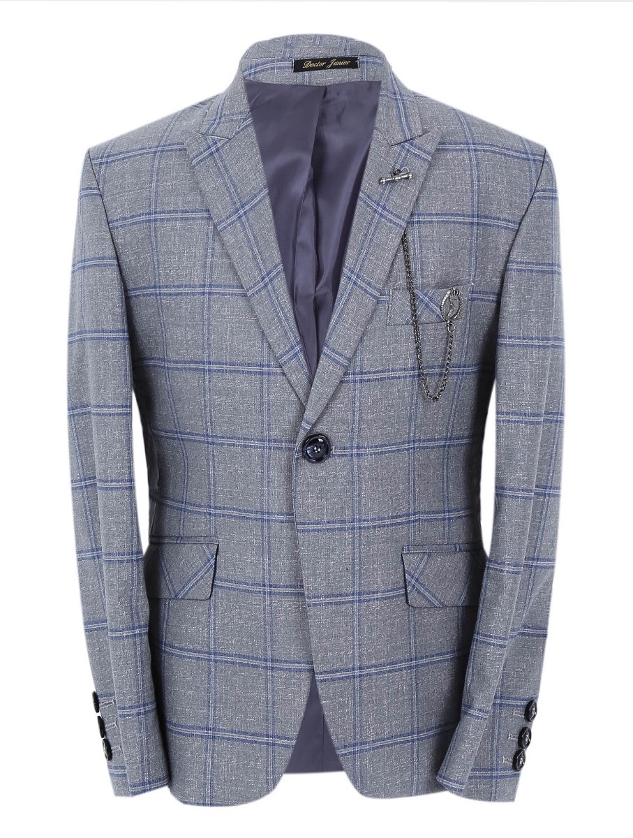 Boys Windowpane Check Slim Fit Suit Set - Light Grey
