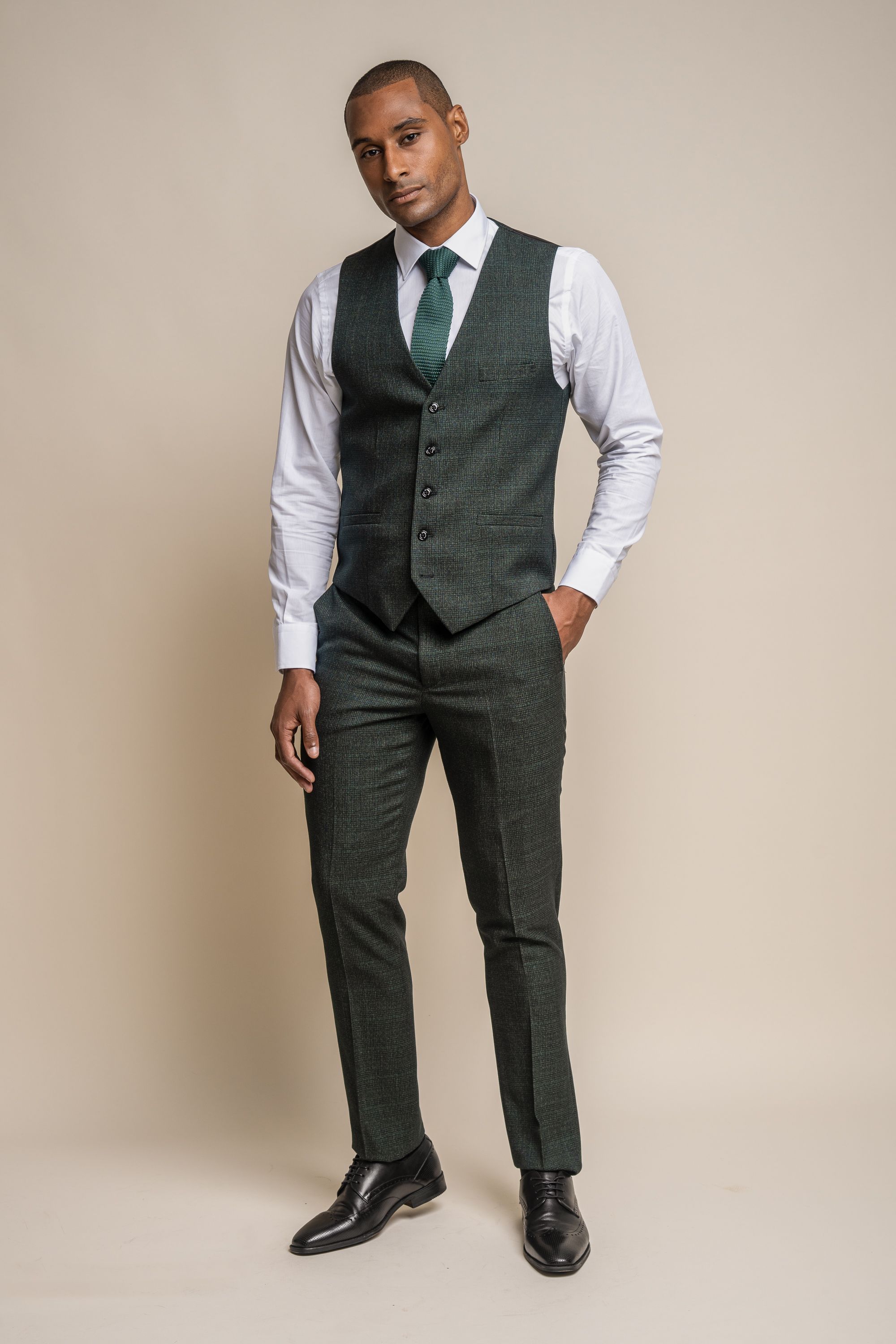 Men's Tweed Houndstooth Check Slim Fit Formal Waistcoat - CARIDI - Olive Green