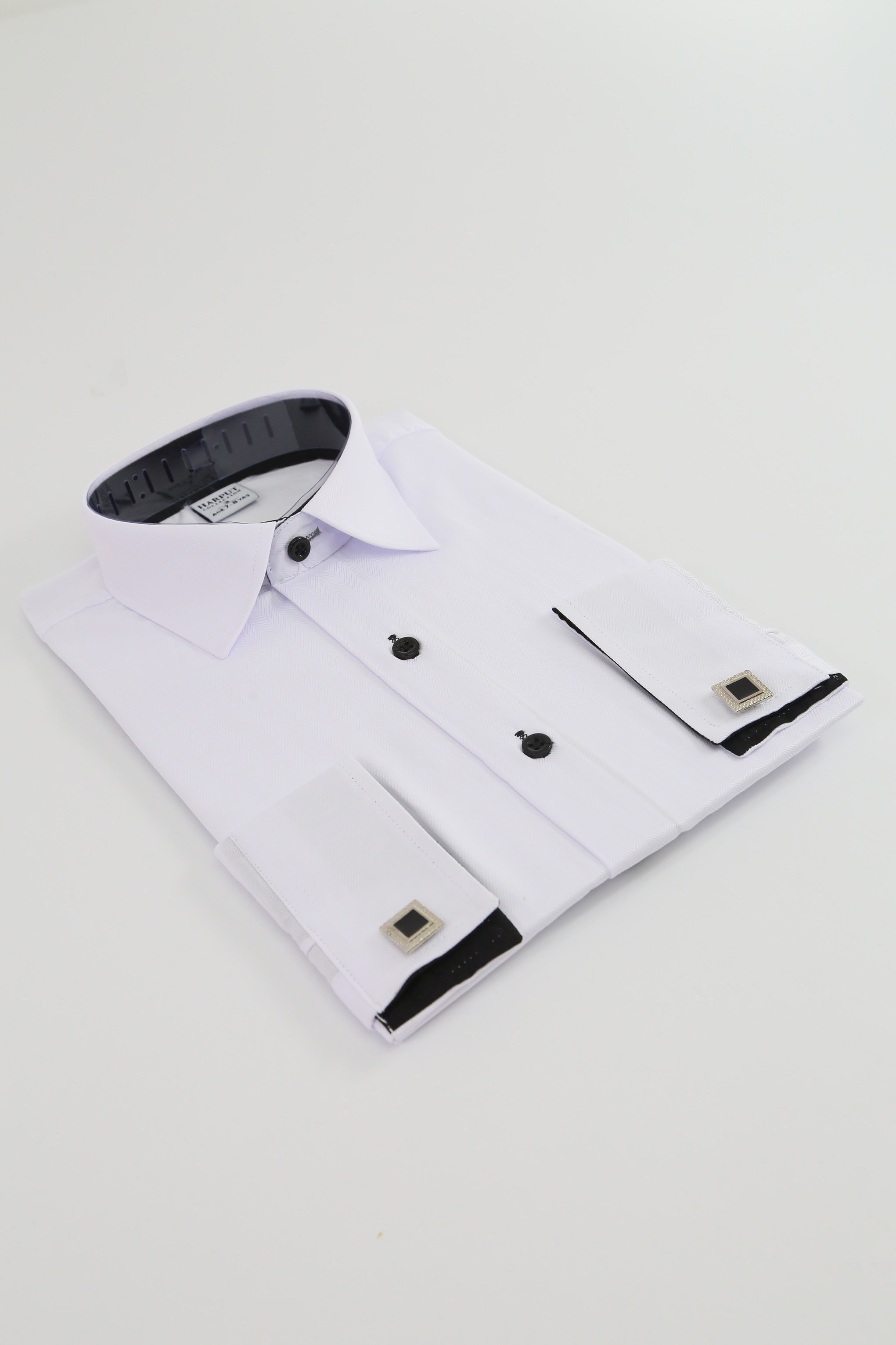 Boys White Formal Dress Shirt with Cufflinks - Herringbone Pattern - HARPUT