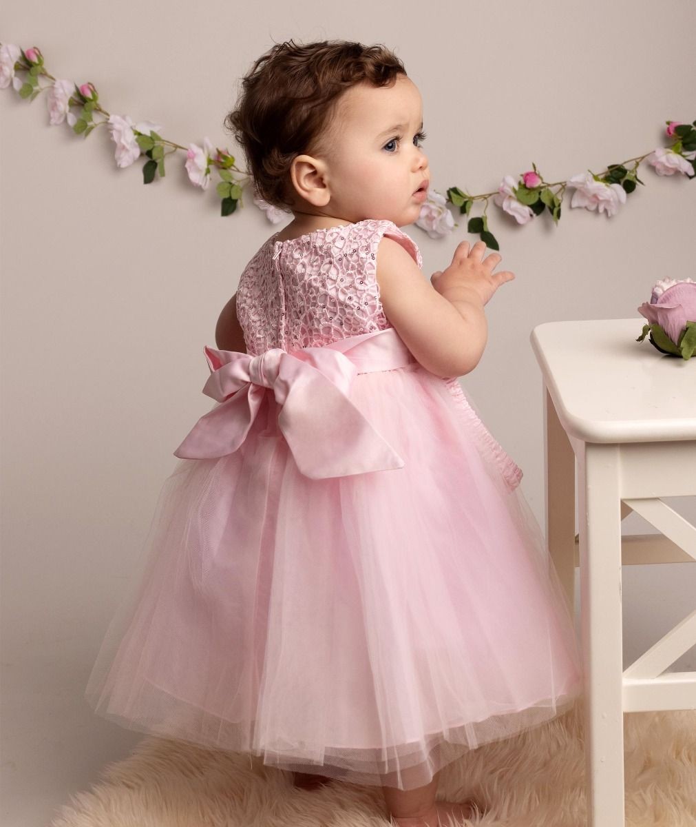 Baby Girls Dress with Floral Bodice & Bow - PC-1025 - Pink