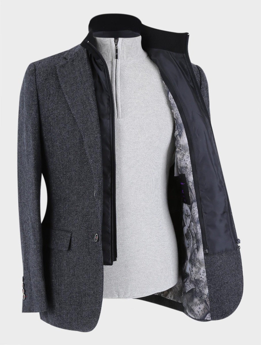 Men's Wool Herringbone Tweed Coat with Removable Zipper - Alexander