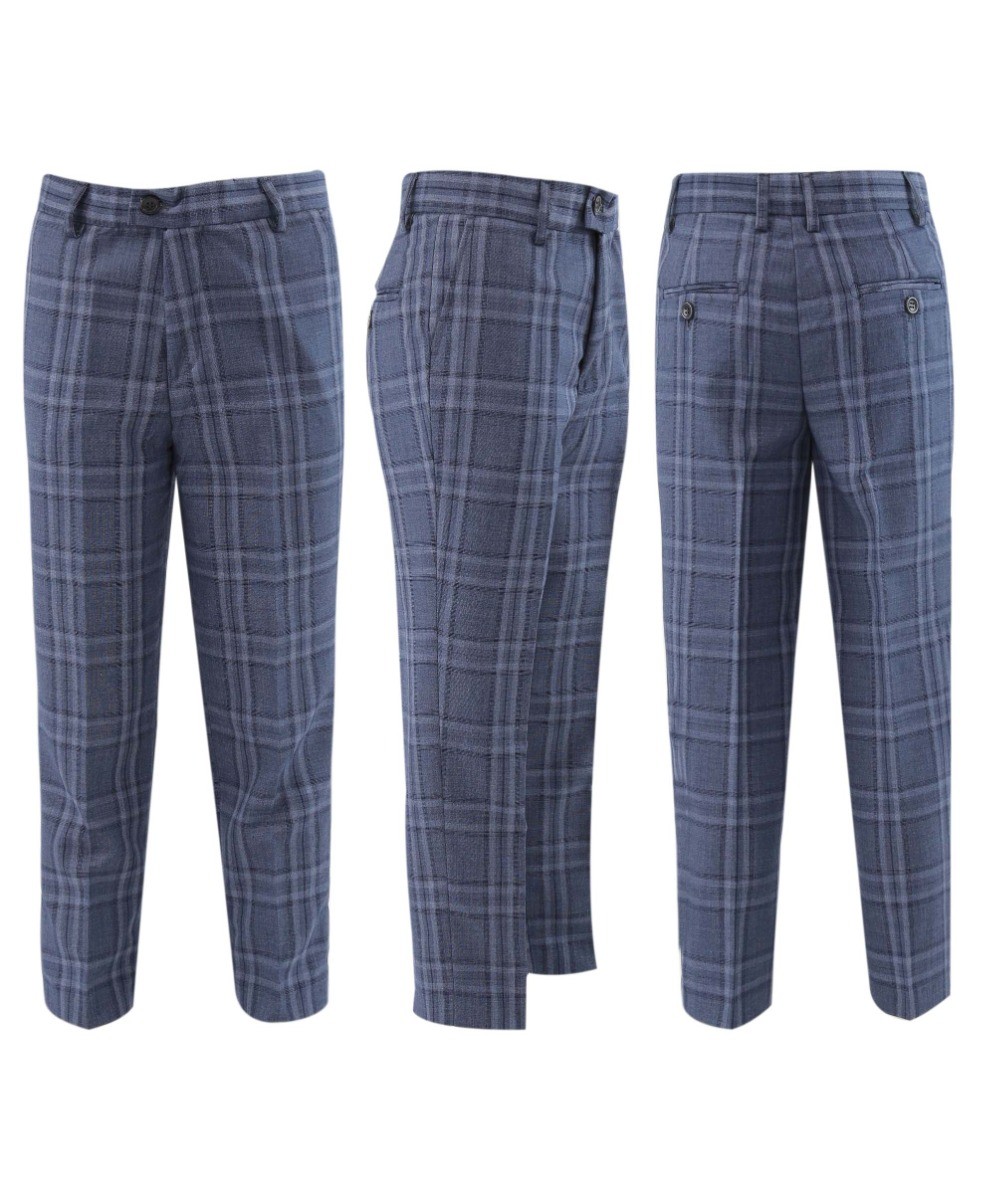 Boys Tailored Fit Plaid Check Blue Suit Set - JOSEPH