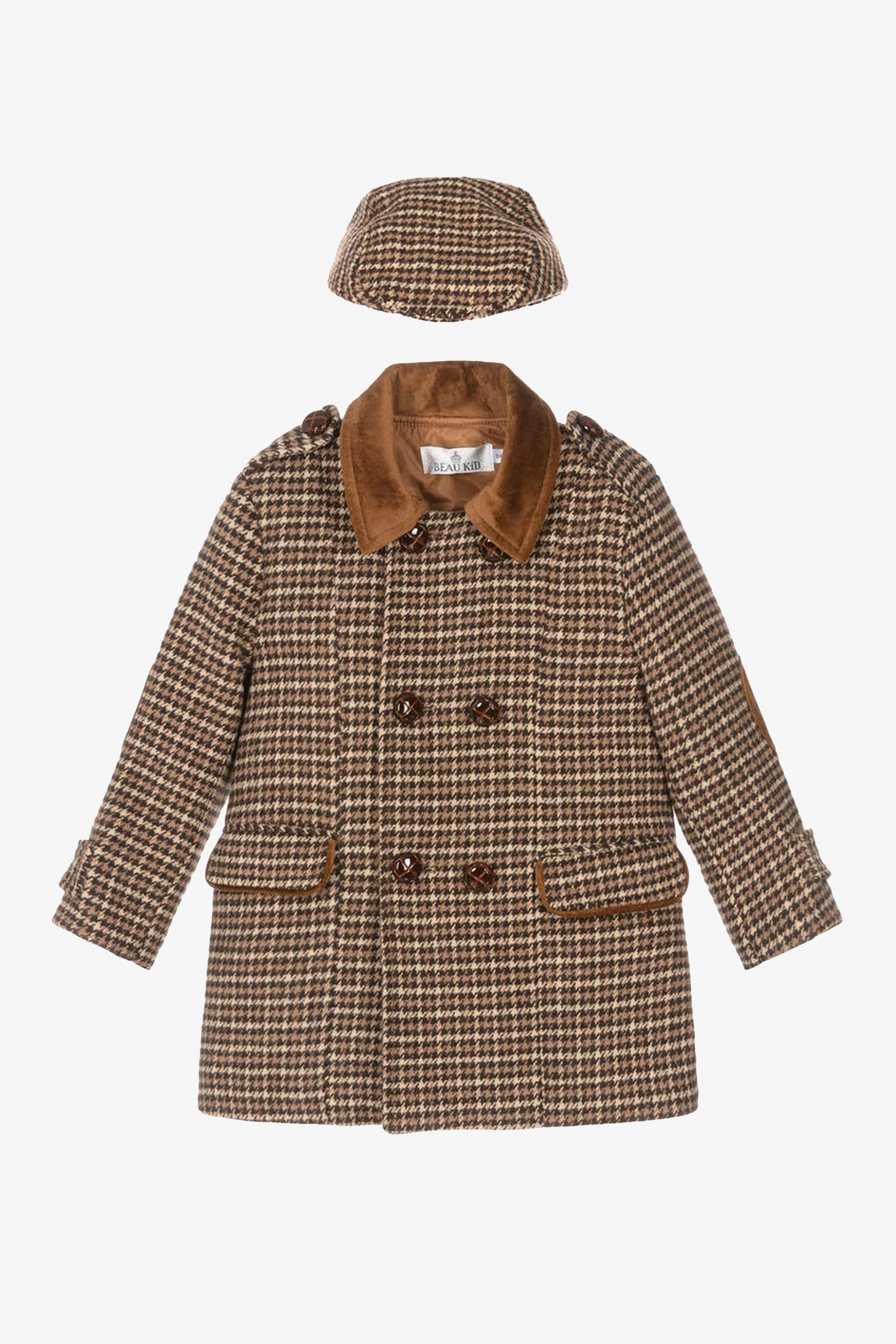 Boys Tweed Houndstooth Pea Coat with Matching Cap - Brown