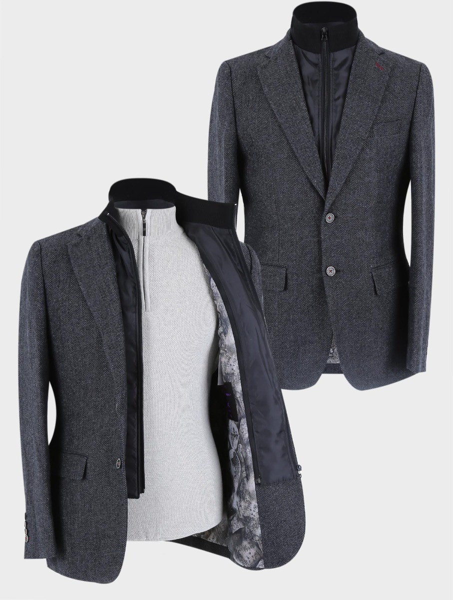 Men's Wool Herringbone Tweed Coat with Removable Zipper - Alexander