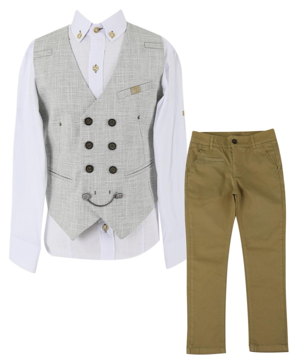 Boys Self Patterned Double-Breasted Linen Waistcoat Suit Set - Light Khaki