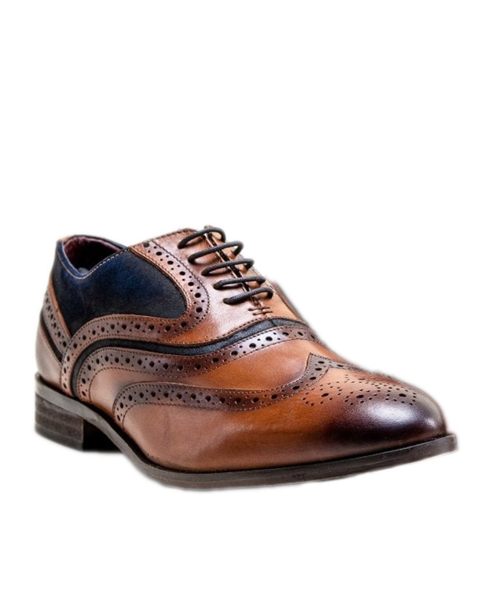Men's Genuine Leather Oxford Brogue Shoes - Tan Brown - Navy Blue