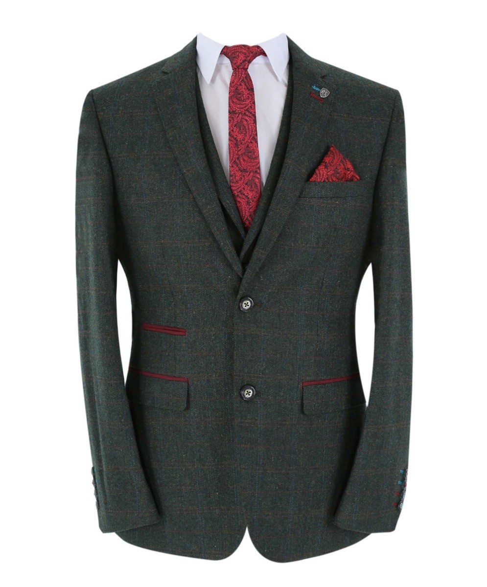 Men's Tweed Check Tailored Fit Suit Jacket - JOSHUA Green