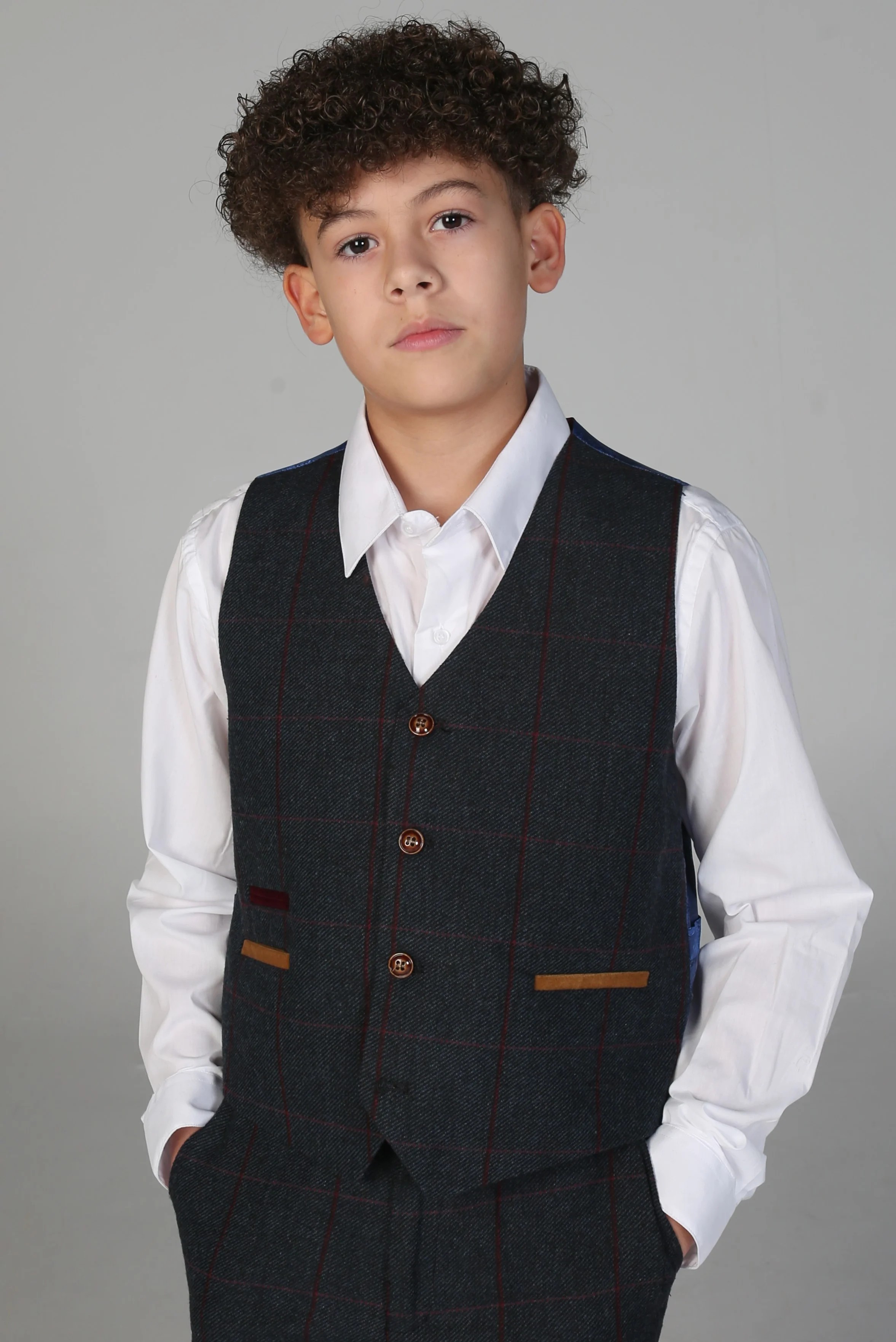 Boys 3 Piece Navy ًWindowpane Check Tweed Suit - MADRID