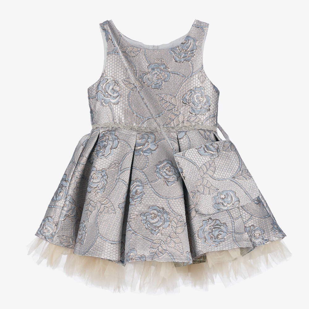 Girls' Blue Jacquard Pleated Dress with Bow Set - Sana