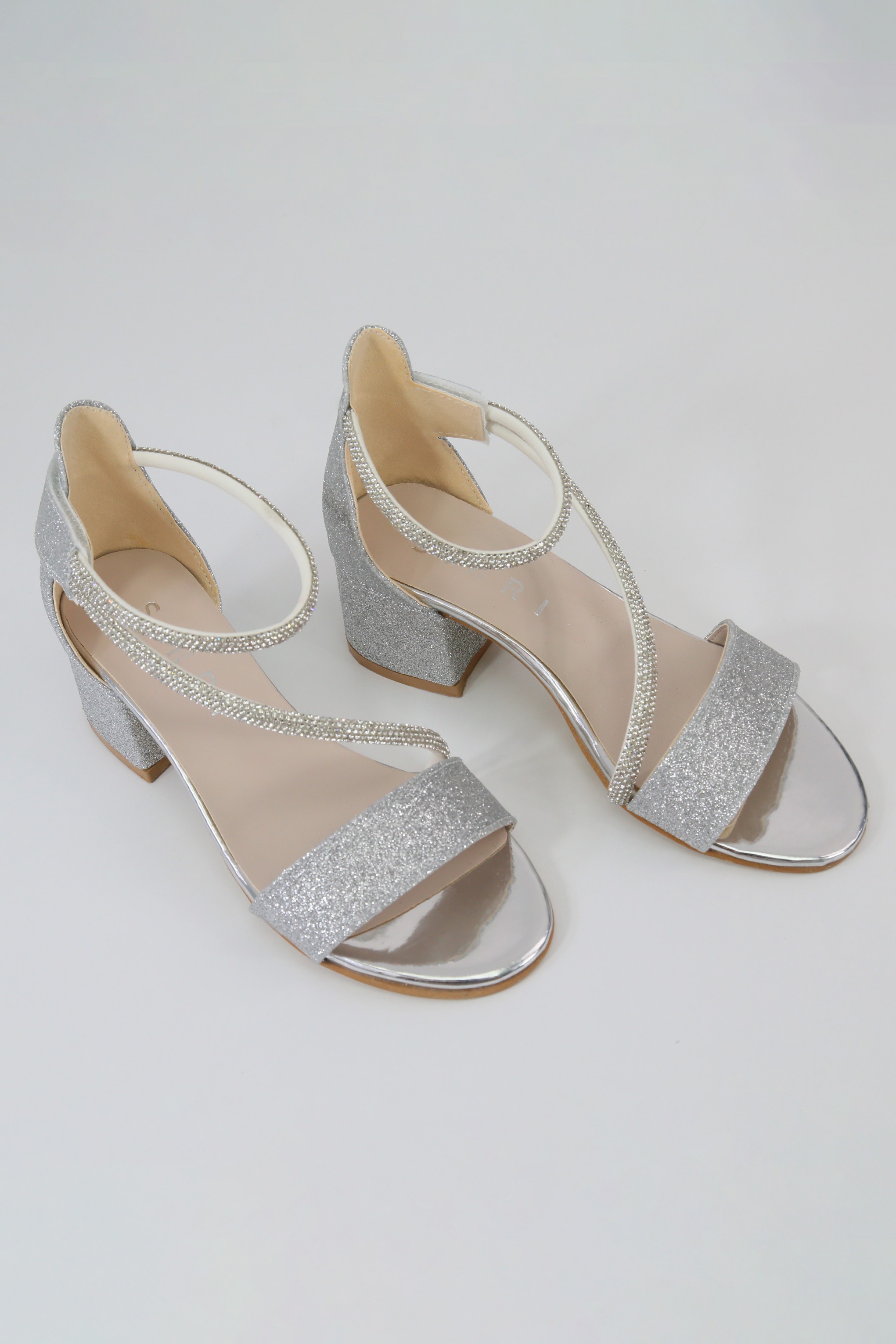 Girls Silver Block Heel Sandals with Rhinestone Crossover Straps - DAZZLE