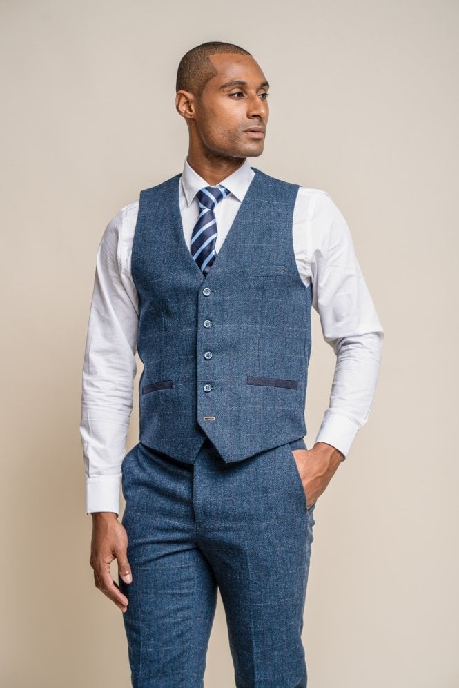 Men's Slim Fit Herringbone Tweed Blue Suit - CARNEGI - Navy Blue