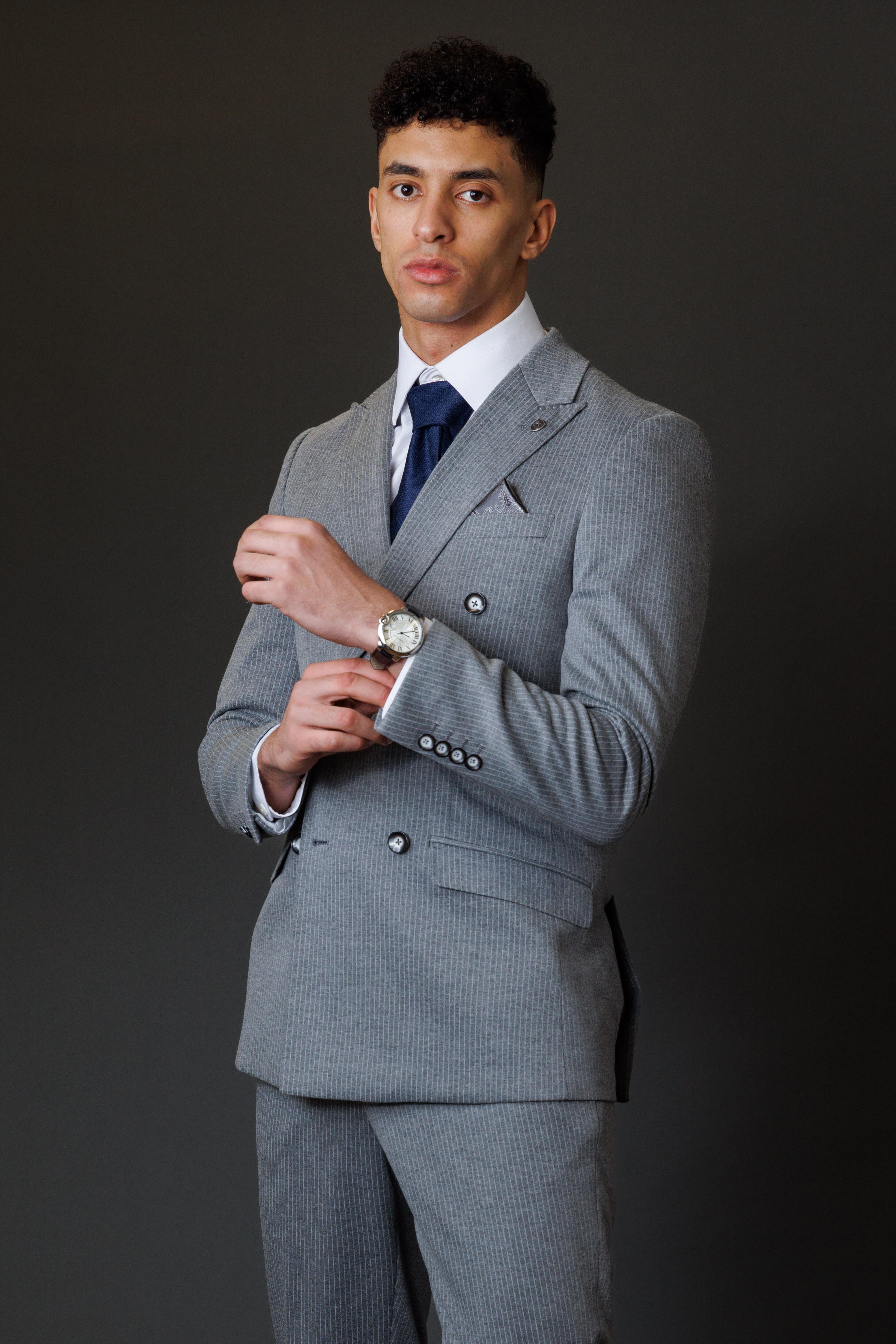 Men's Double Breasted Pinstripe Suit - JAYCE Grey