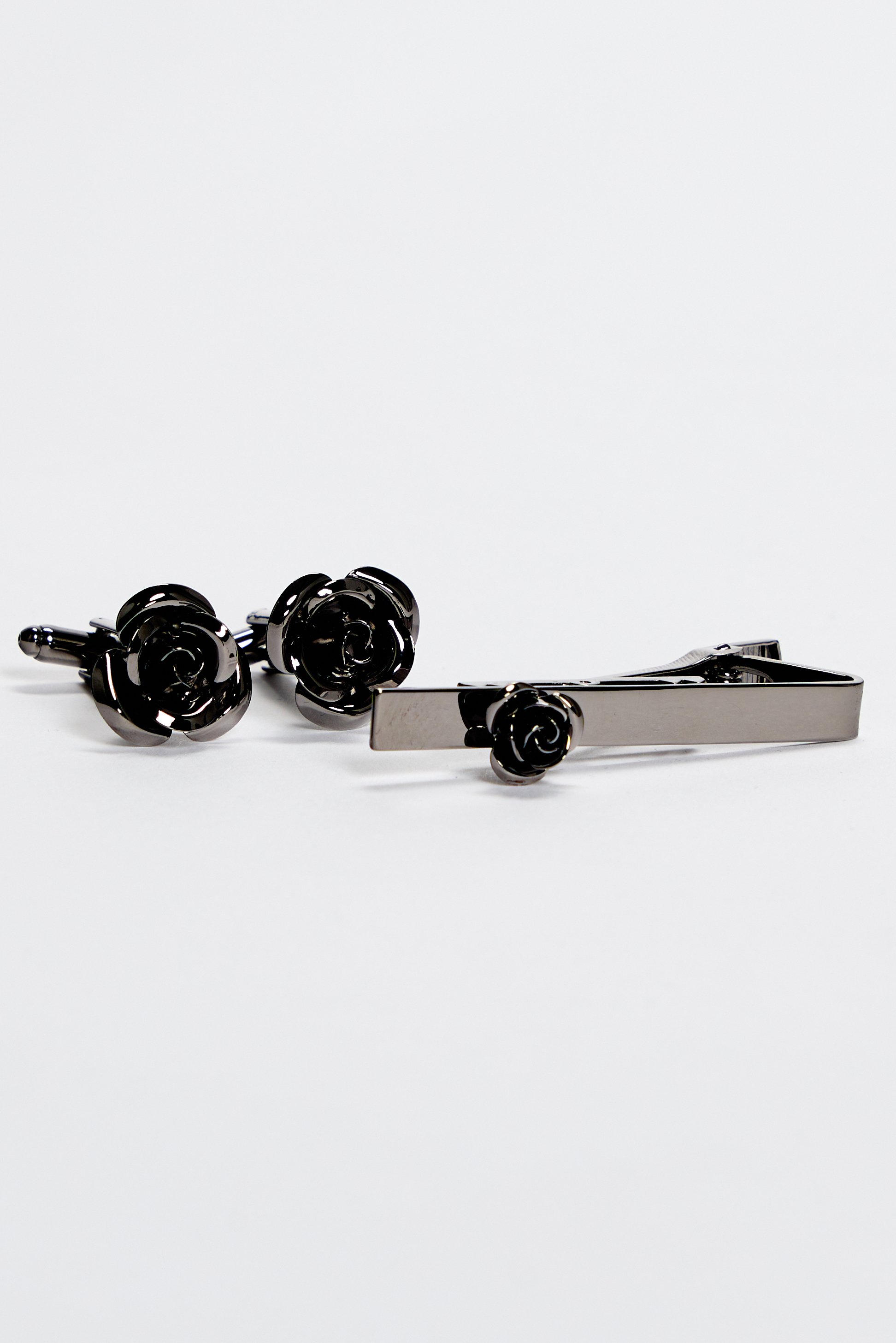 Men's Rose Cufflinks and Tie Clip Set - Black