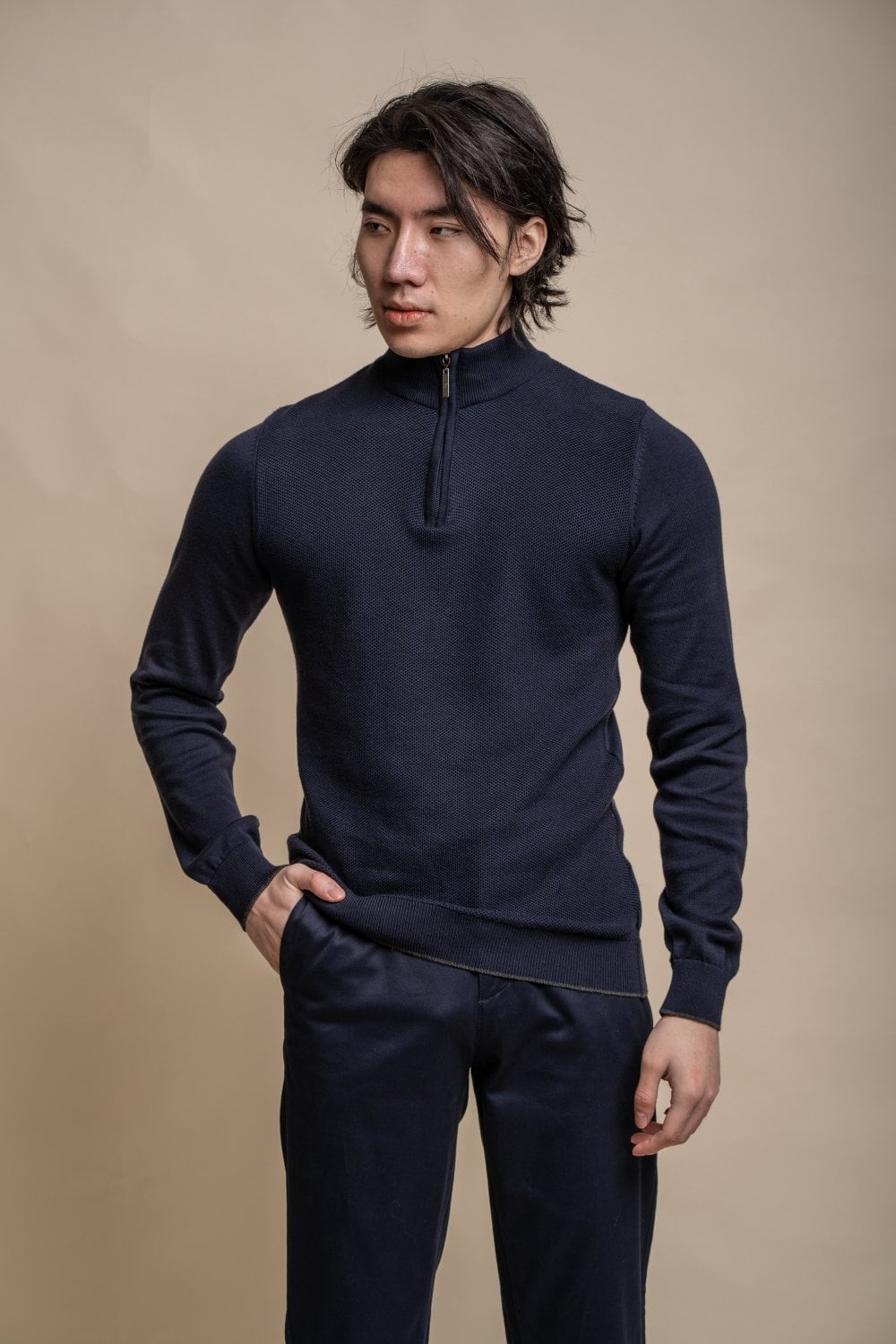 Men's Half Zip Knit Cotton Pullover - KYLE - Navy Blue