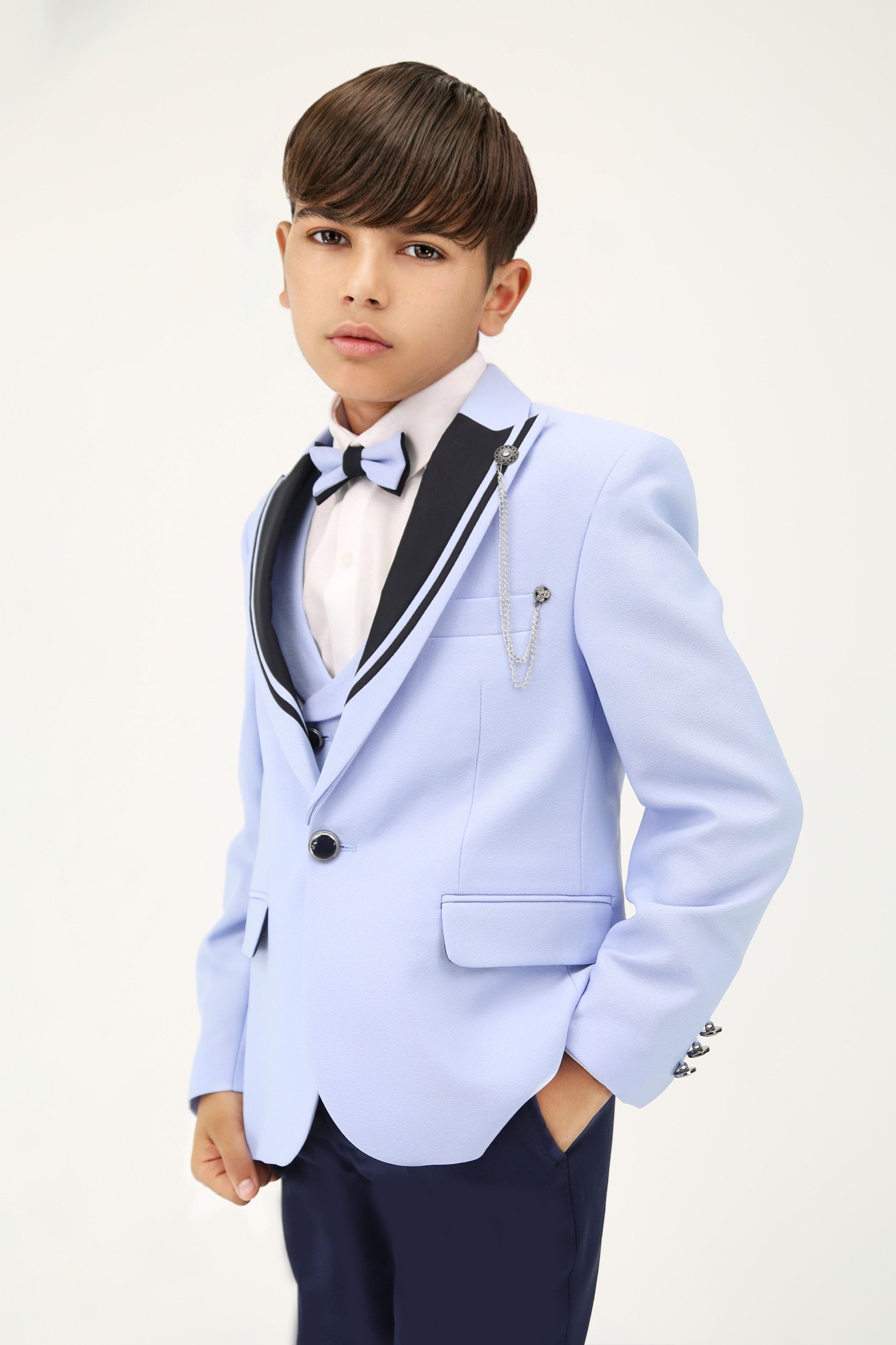 Boys Light Blue 6 PC Suit Set with Black Contrast Lapels