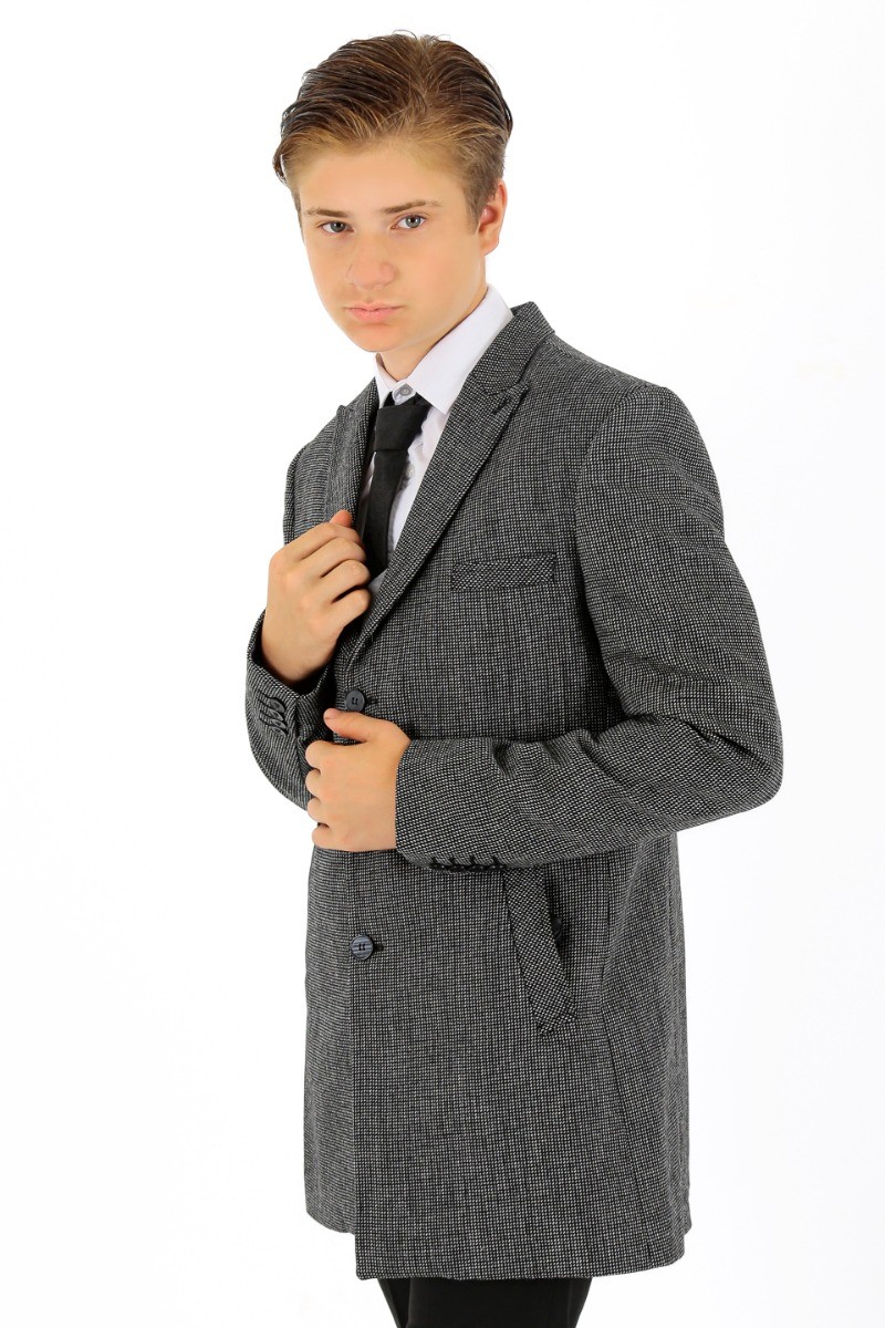 Boys Wool Birdseye Tweed Slim Fit Midi Coat - Grey