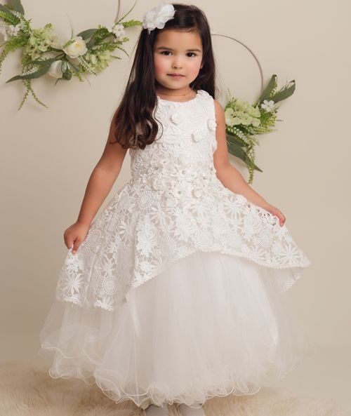 Girls Ivory Flower Lace Overlay Tulle Dress - RUBY