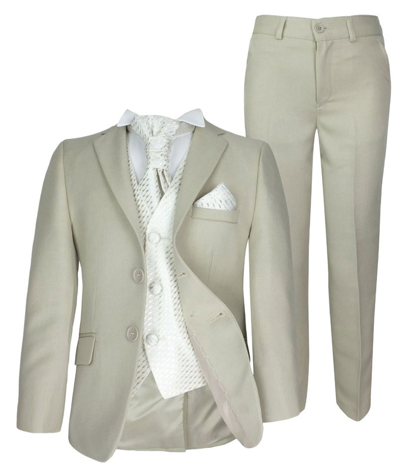 Boys Beige Suit with Patterned Waistcoat and Cravat Set 