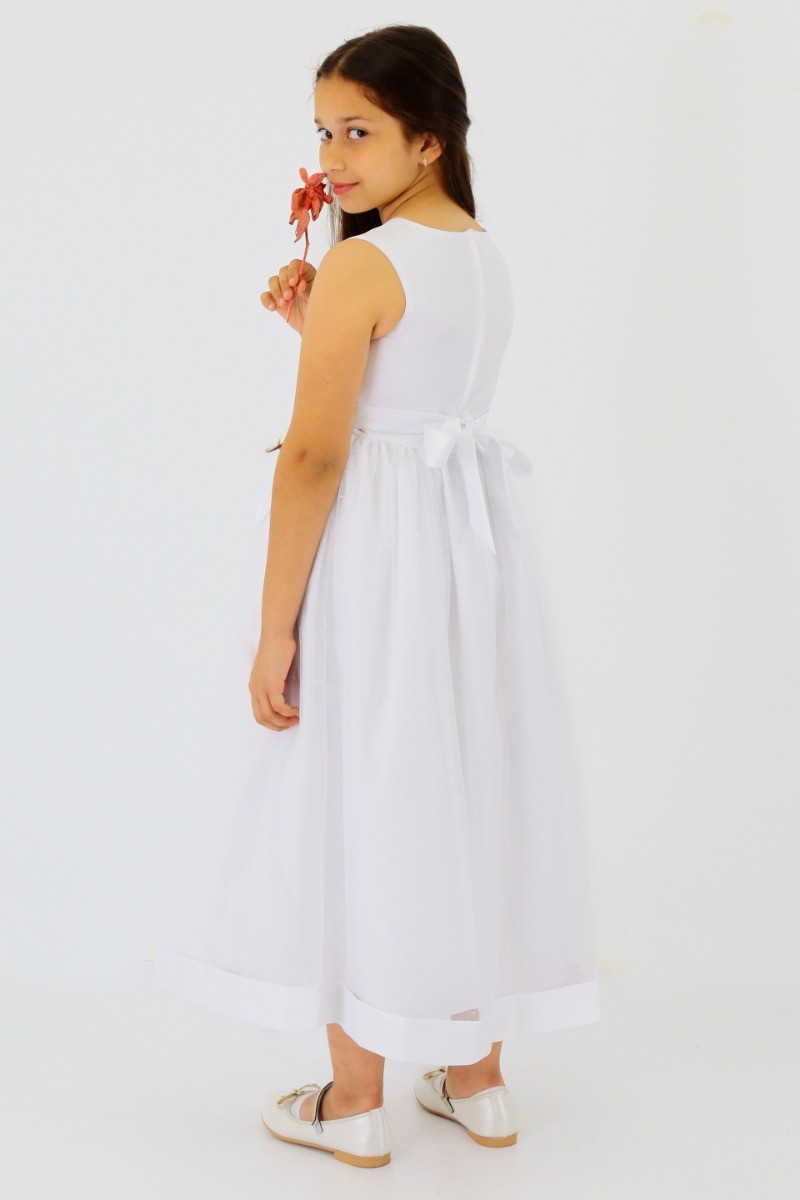 Girls Sleeveless Tulle Communion Dress - White