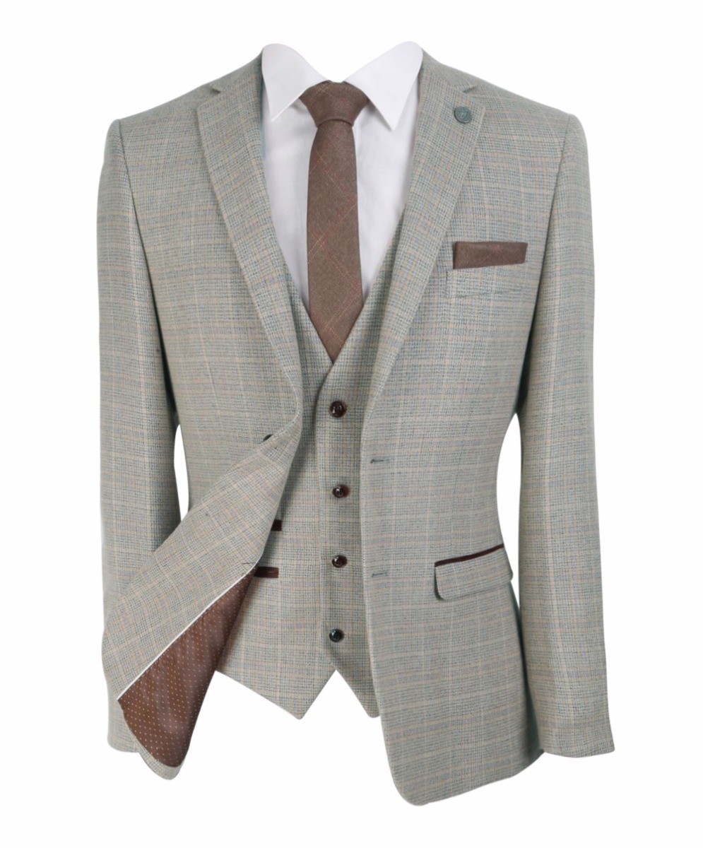Men's Tweed Check Tailored Fit Beige Suit - HOLLAND - Beige - Brown
